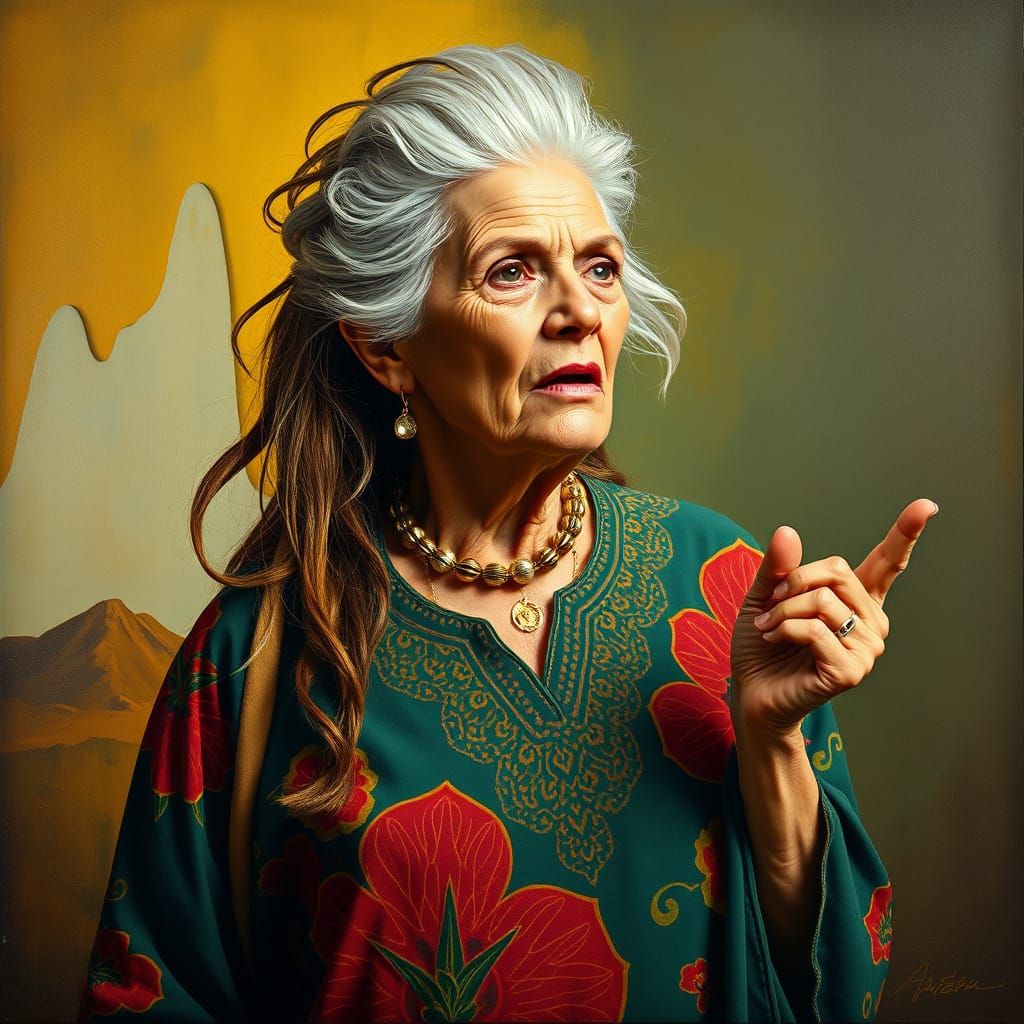 Defiant Woman Speaking Truth in Surreal Scene