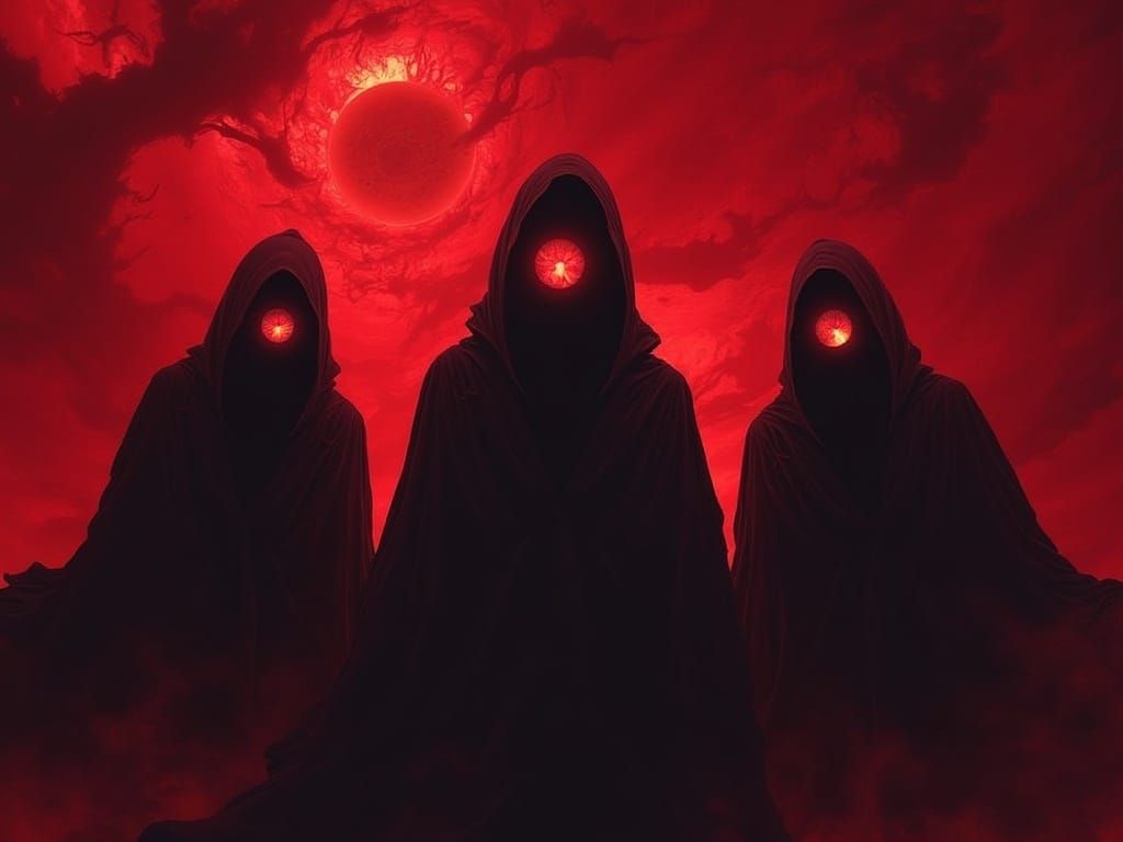 Shadow Figures with Glowing Eyes on Red Background