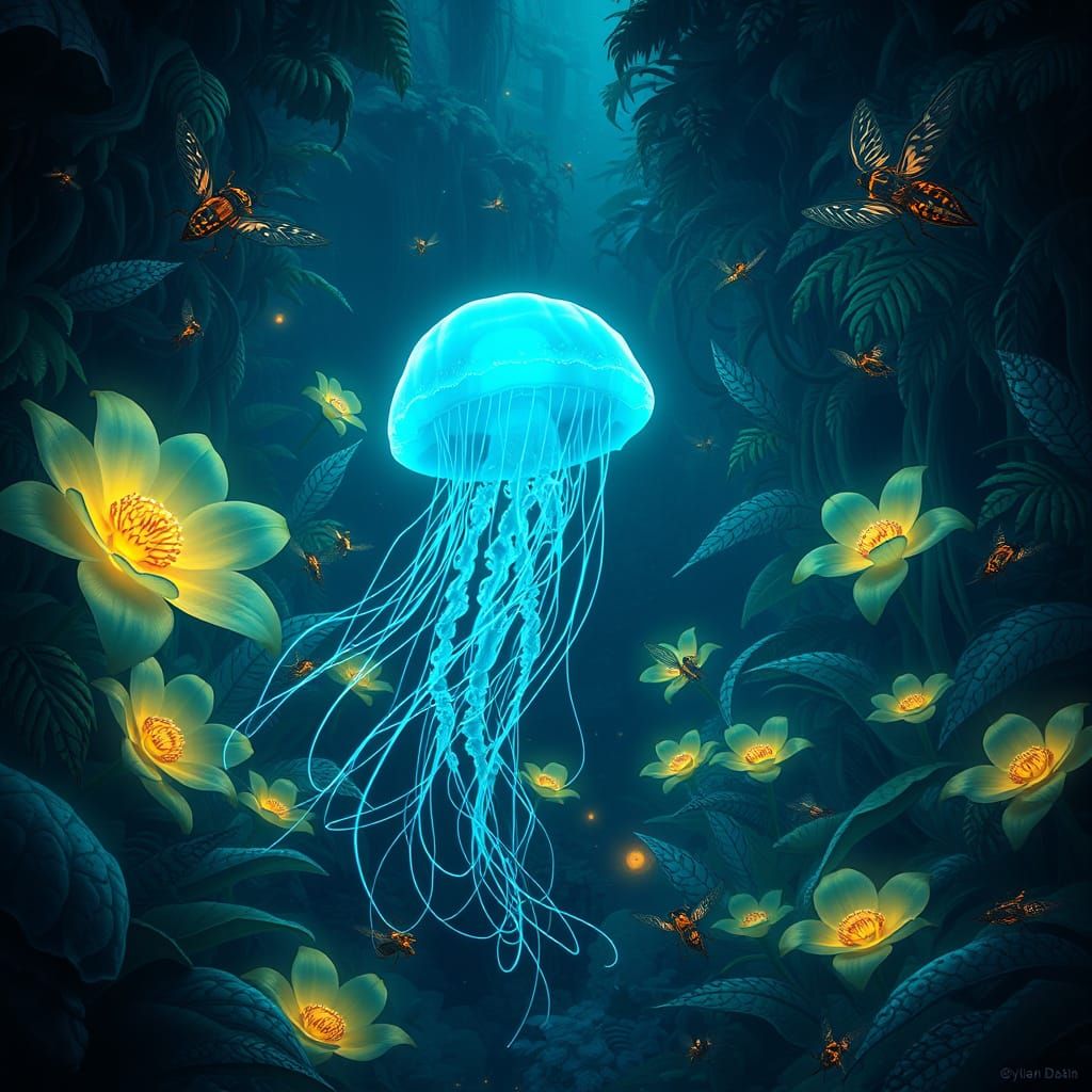 Bioluminescent Jellyfish Floats Through Alien Jungle