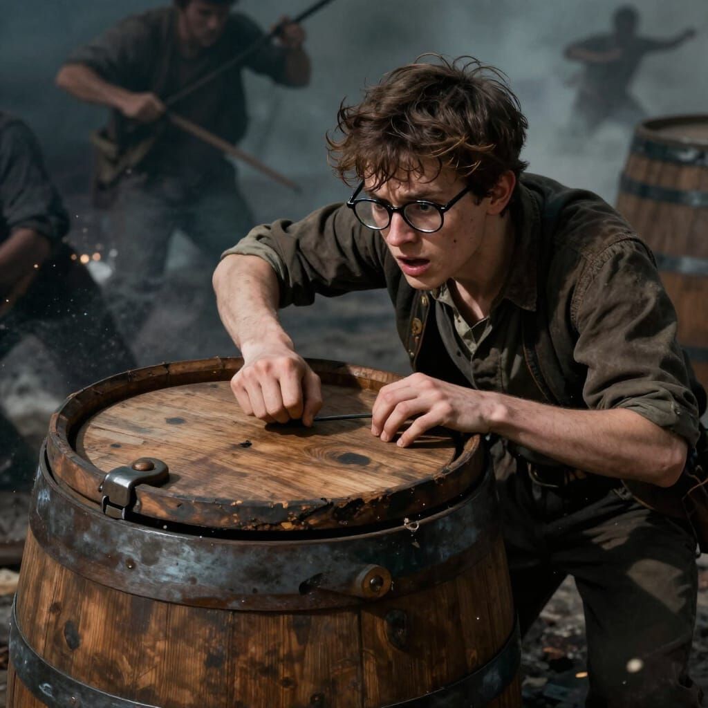 Young Scribe Hides in Barrel During Chaotic Attack
