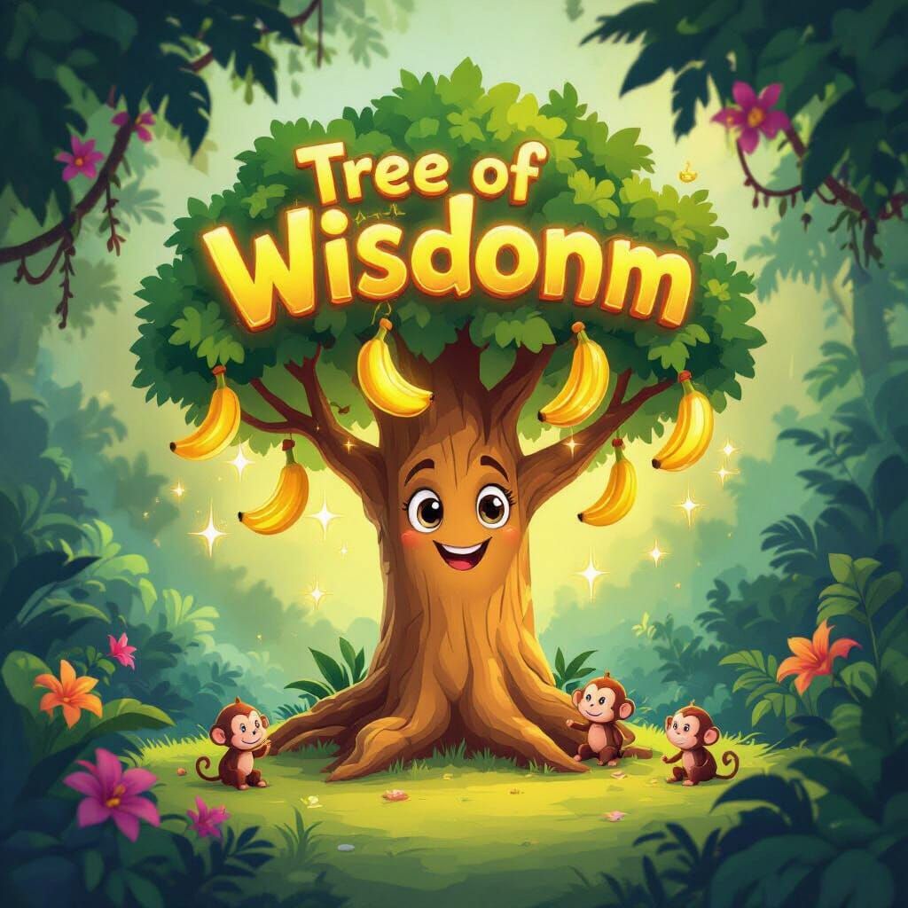 Glowing Cartoon Tree of Wisdom with Golden Bananas in Jungle