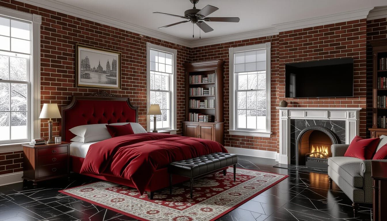 Victorian Bedroom with Fireplace and Snowy View