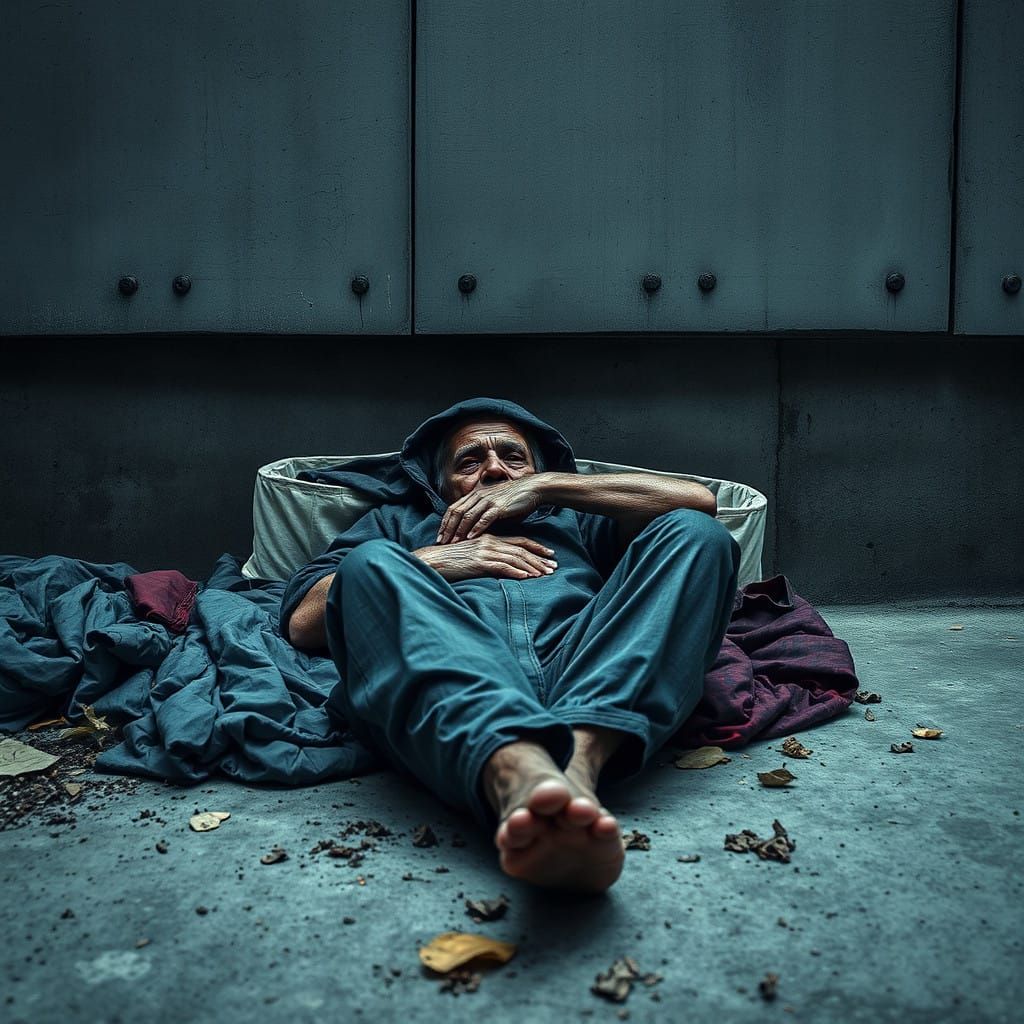Homeless Figure on Concrete Bed in Watercolor Style