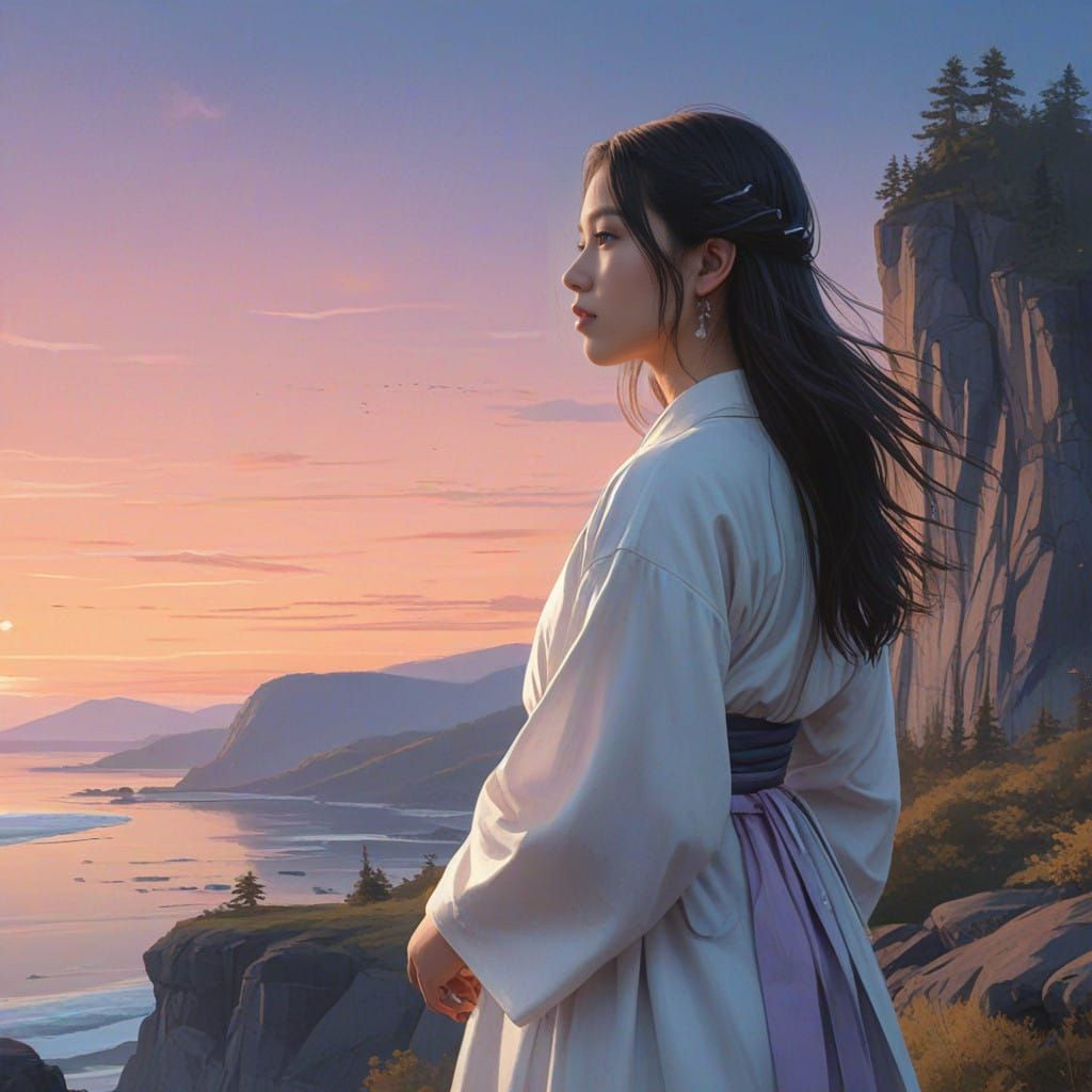 Aurora-Lit Asian Woman Contemplates Sunset