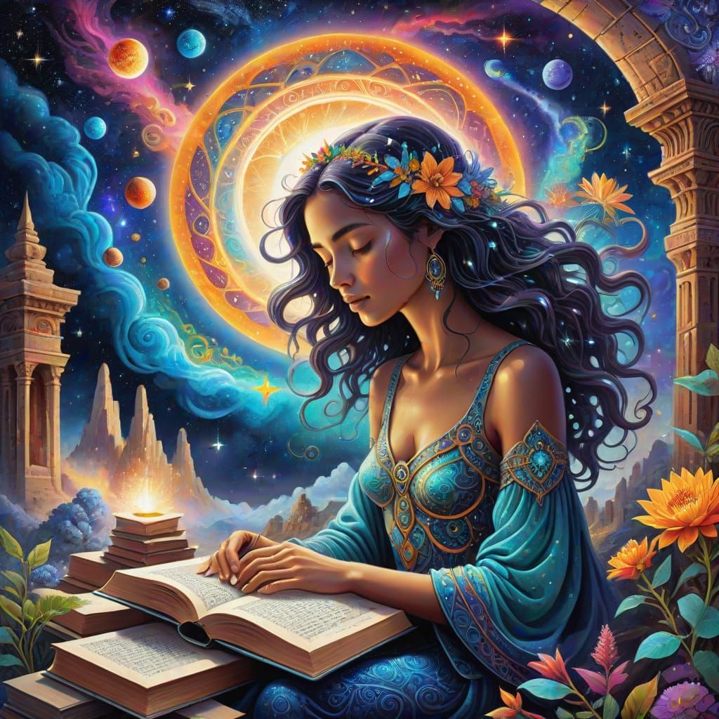 Cosmic Woman Reading Amidst Nebulae and Ruins