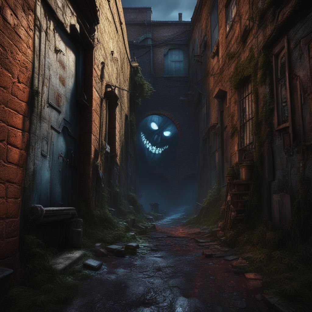 Creepy Shadow Smile in Dark Alley: Hyperrealistic Art