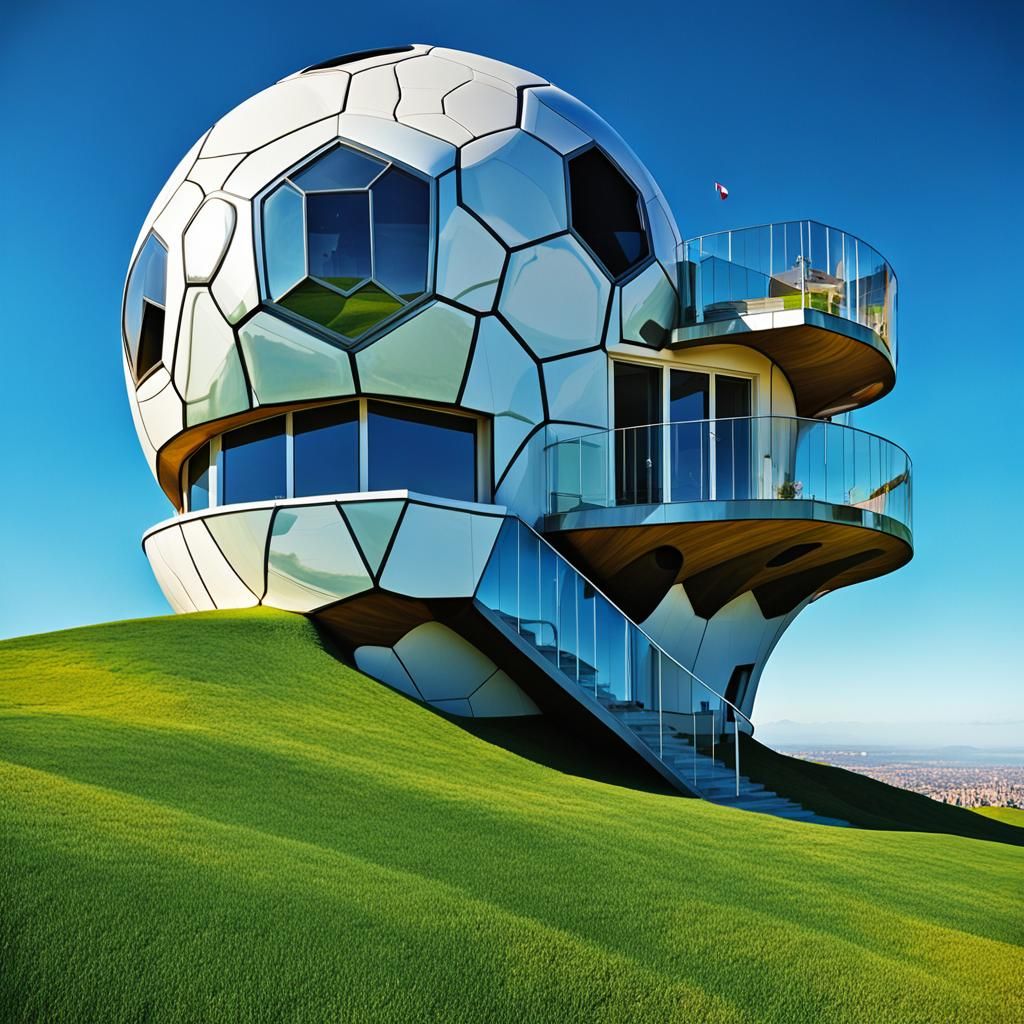 Surreal Soccer Ball House on Grassy Hill