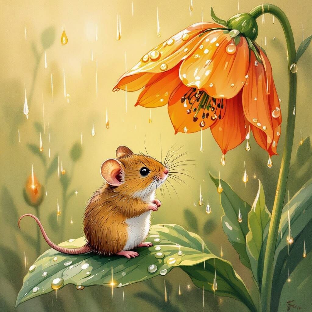 Tiny Mouse Under Orange Blossom in Golden Rain