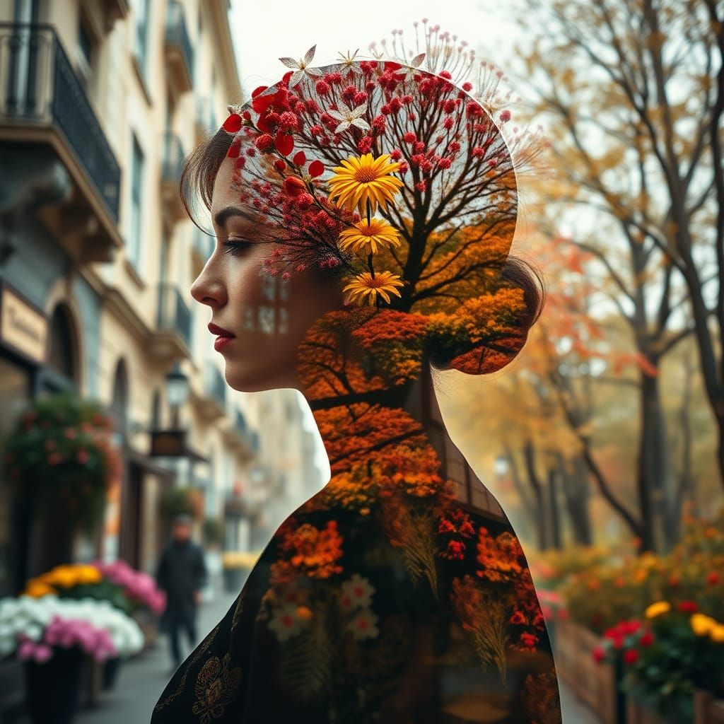 Art Nouveau Woman in Double Exposure Portrait