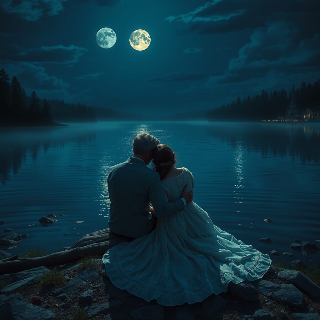Couple's Love Reflected in Moonlit Lake