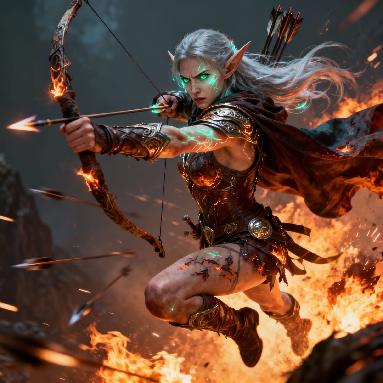 Elven Warrior Leaping Mid-Battle, Drawing Bow