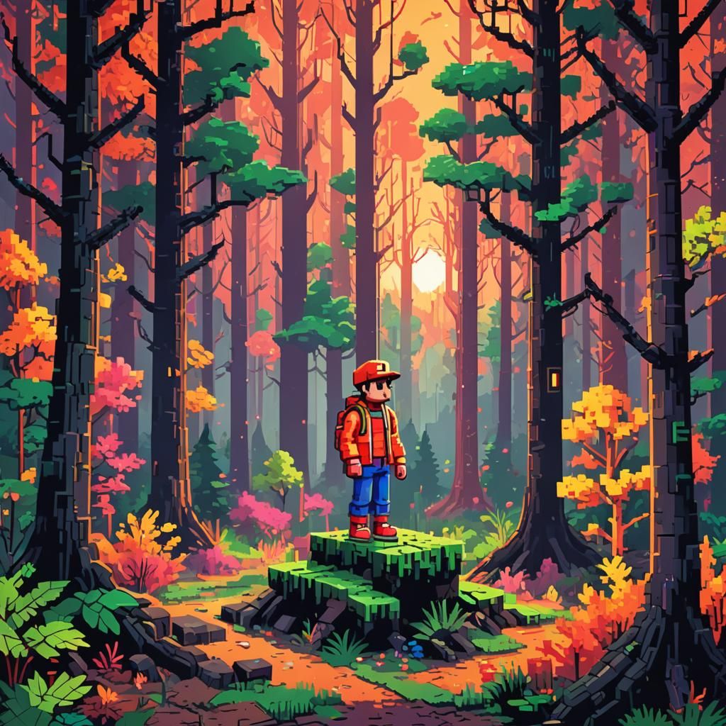 Pixel Art Game Character in Blocky Forest