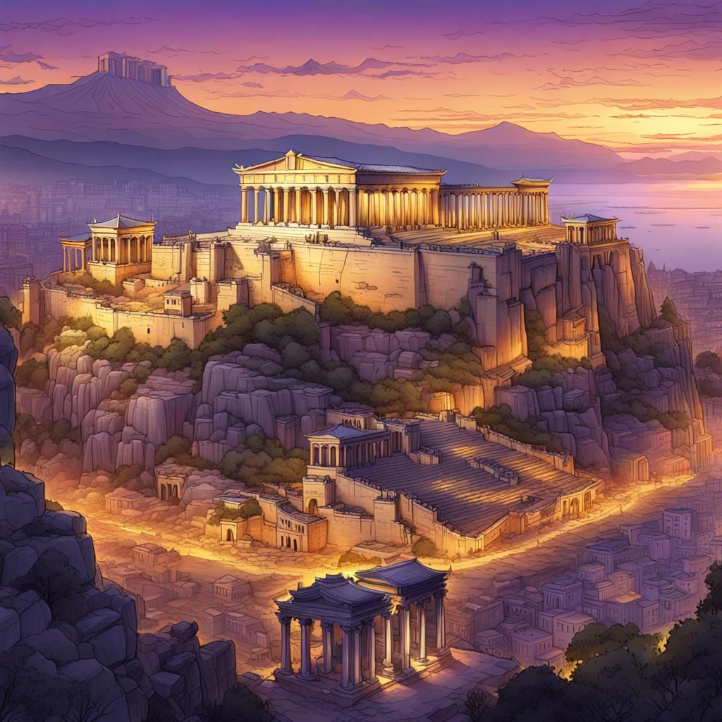 Detailed Acropolis Drawing at Sunrise: Dark Fantasy Concept