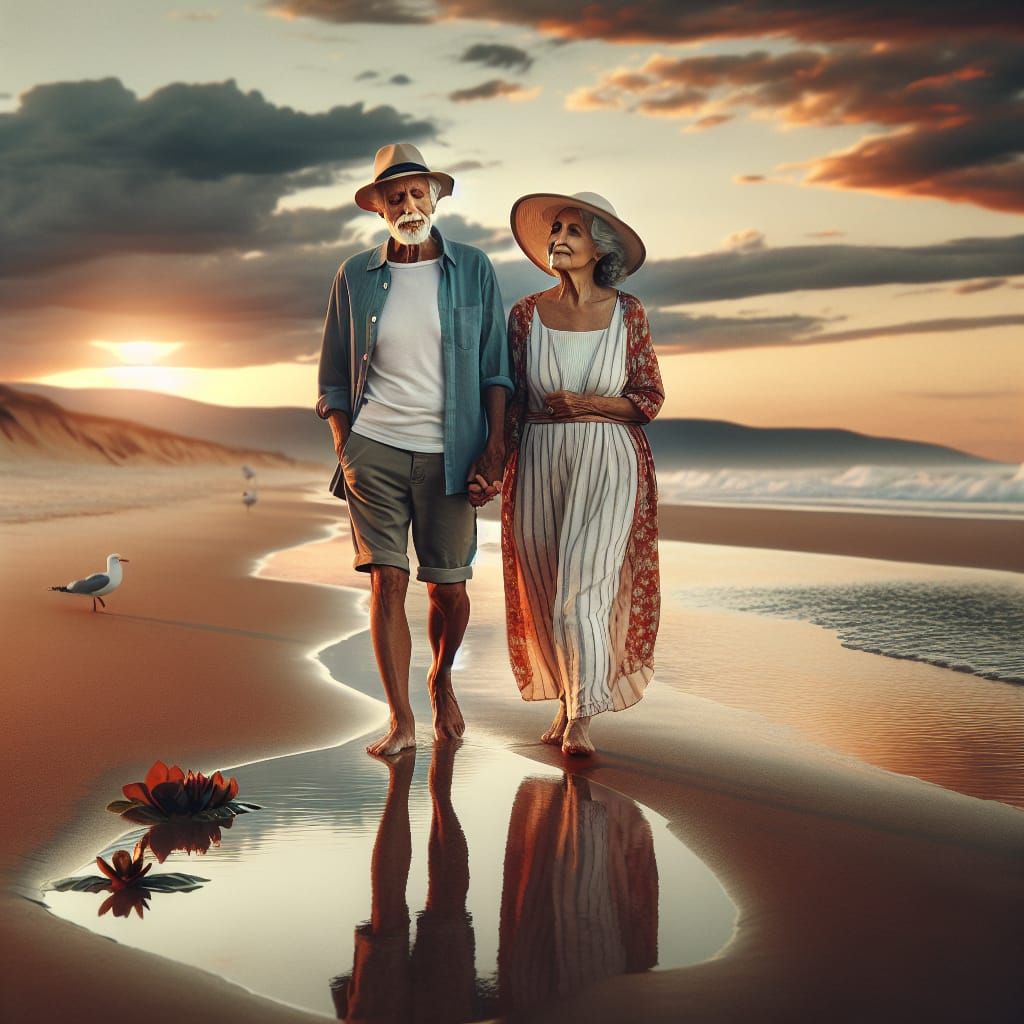 Elderly Couple Stroll on Beach at Sunset