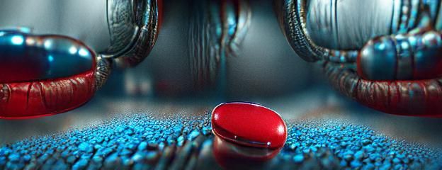 A Single Red Pill on Reflective Surface