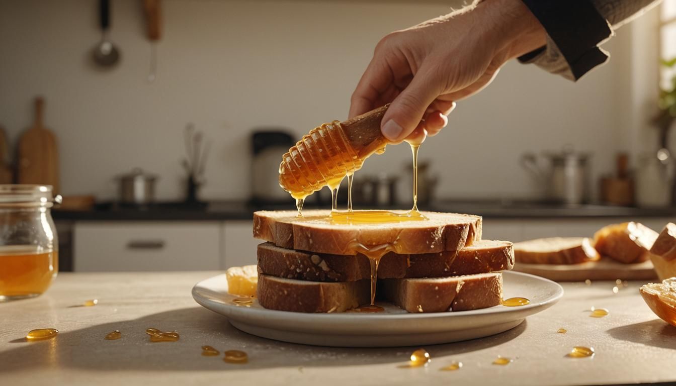 Honey Pouring on Bread in Cozy Kitchen