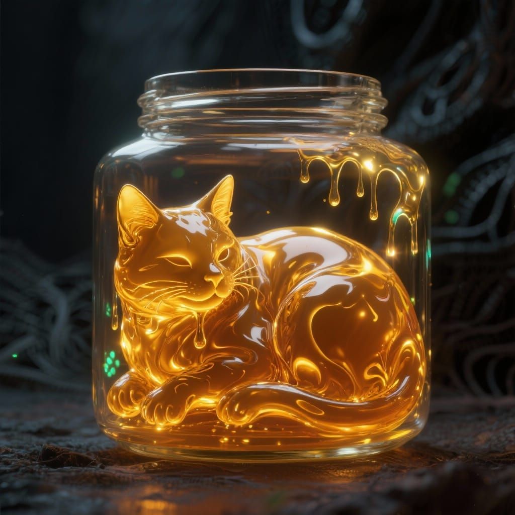 Liquid Honey Cat in Jar, Hyperrealistic Digital Art
