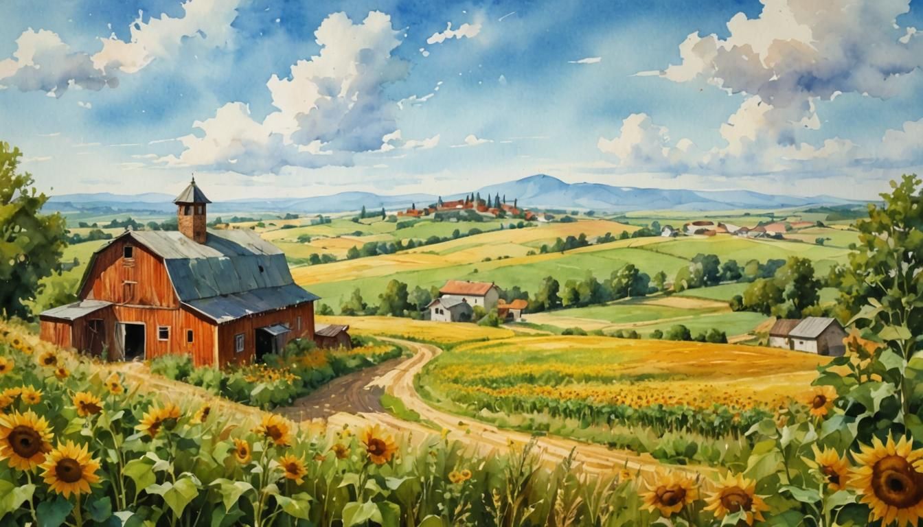 Watercolor Rural Landscape with Sunflowers