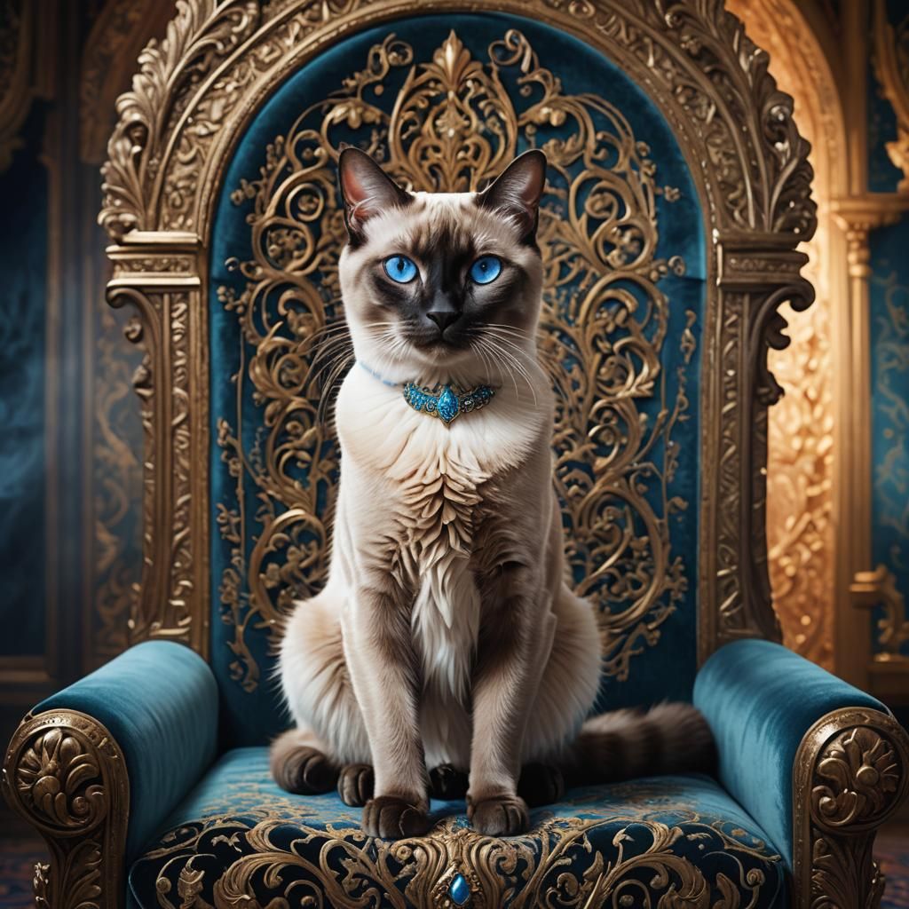 Regal Siamese Cat Reigns Supreme on Velvet Throne