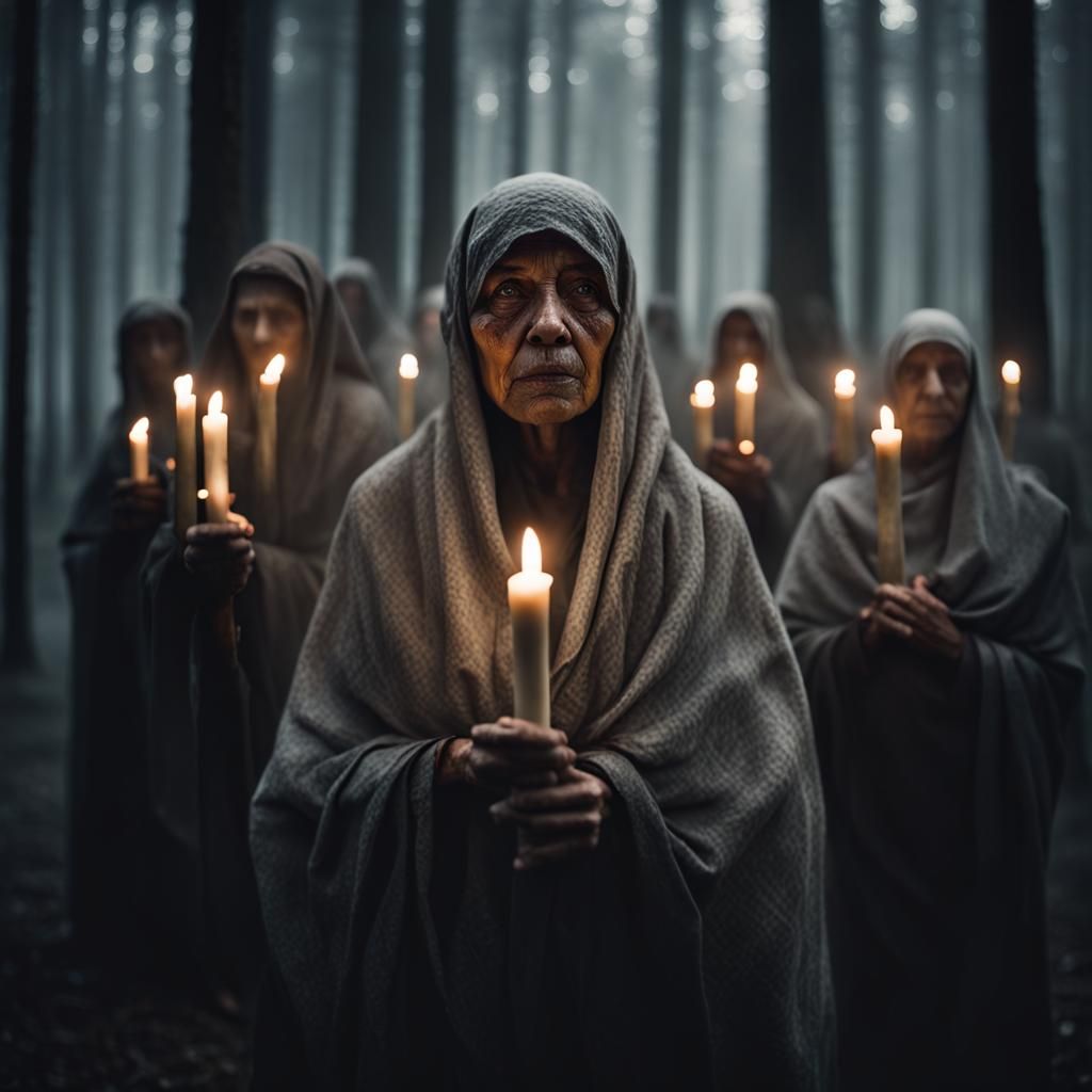 Ethereal Veiled Figures in a Mystical Forest