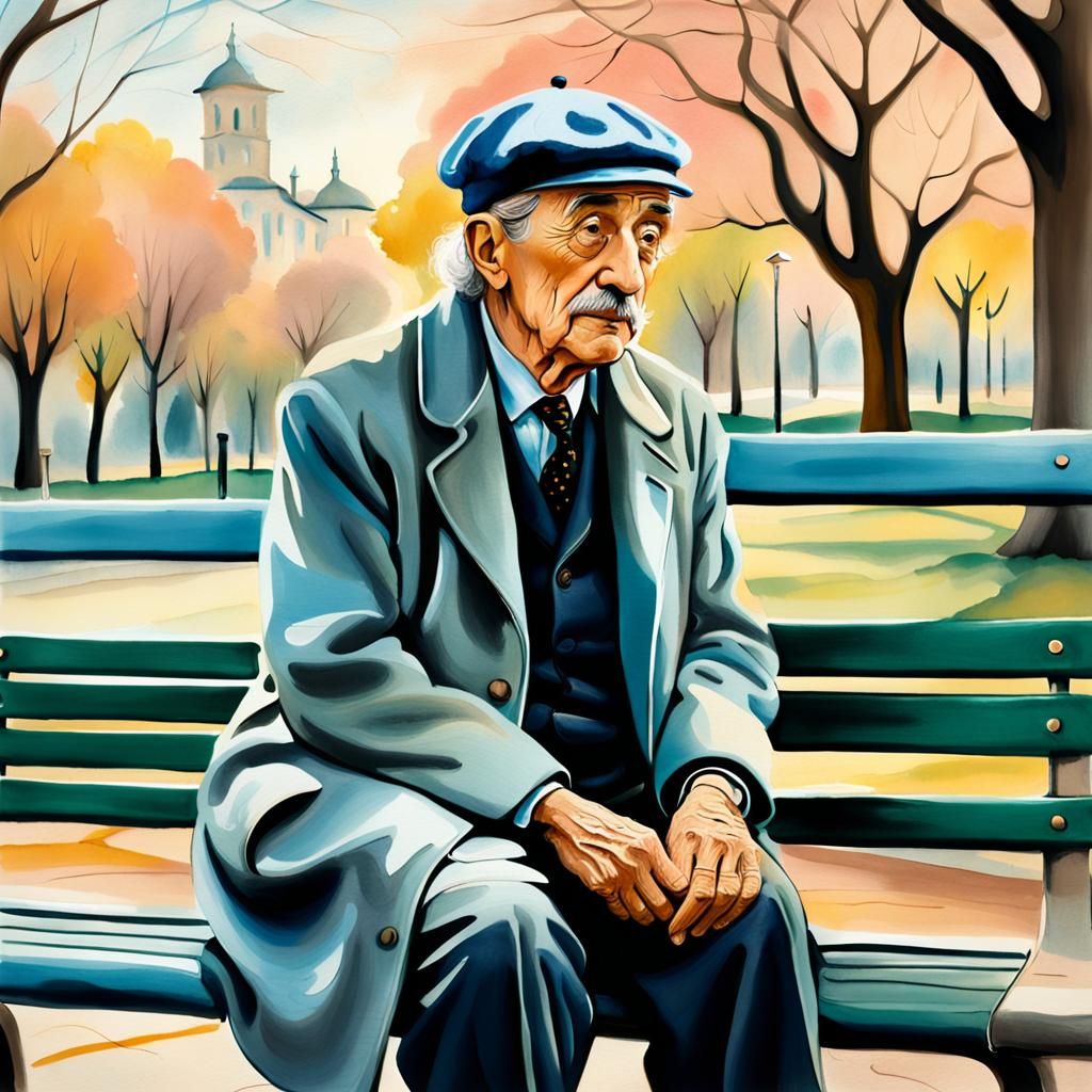 Elderly Man on Park Bench in Surrealist Style