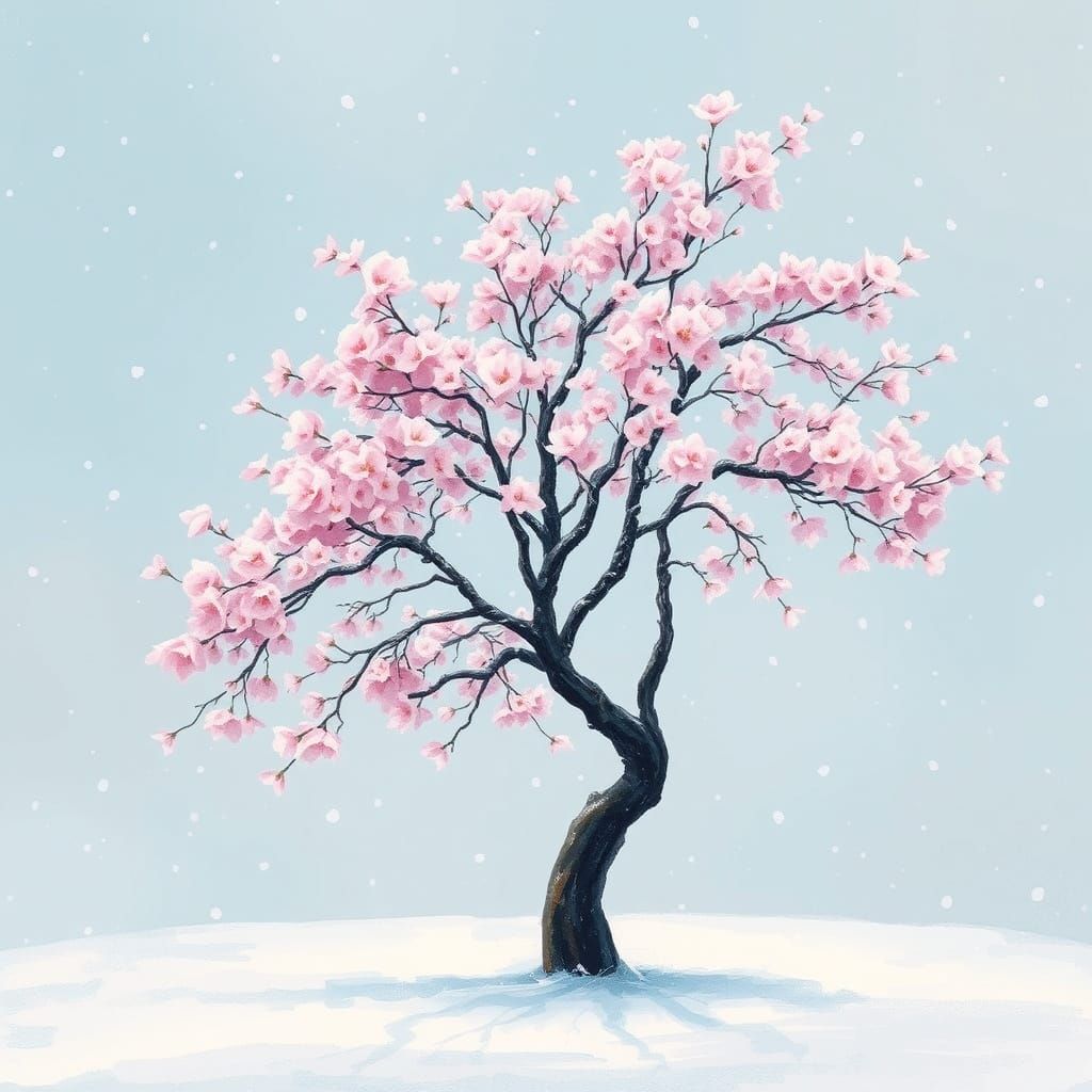 Resilient Cherry Blossom Tree in Winter Impressionist Style