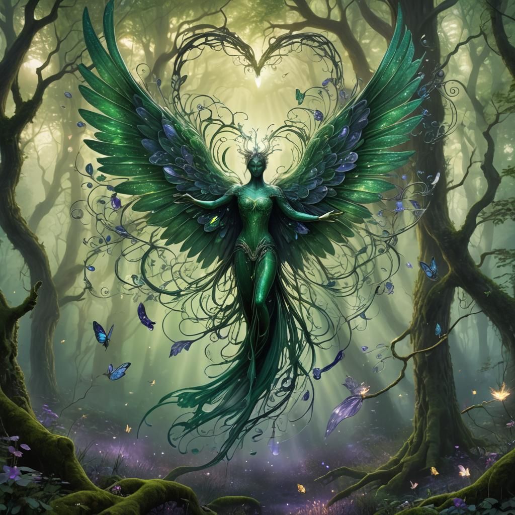 Emerald Winged Heart Above Mystical Forest