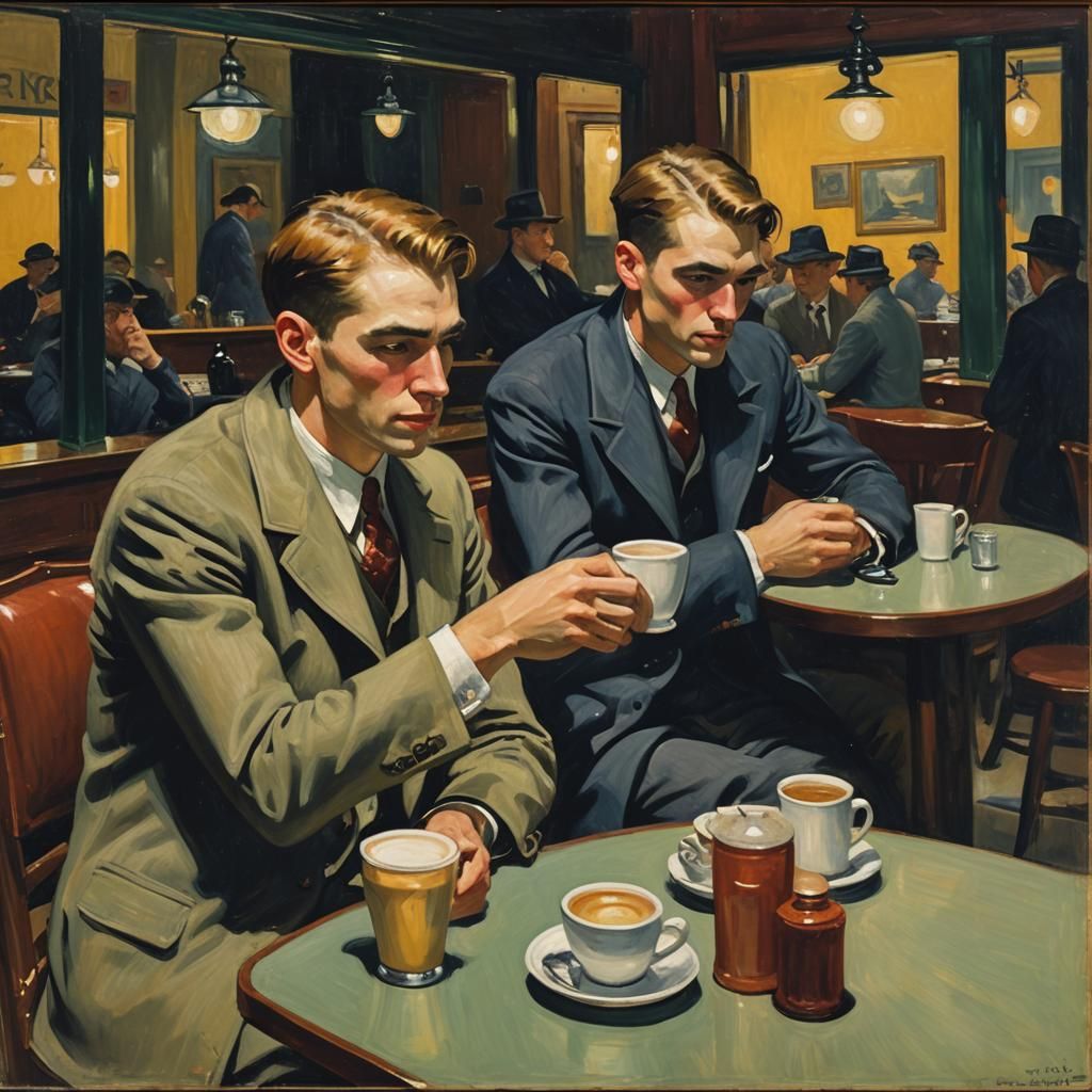 Men Drinking Coffee in Cafe, American Realism Oil Painting