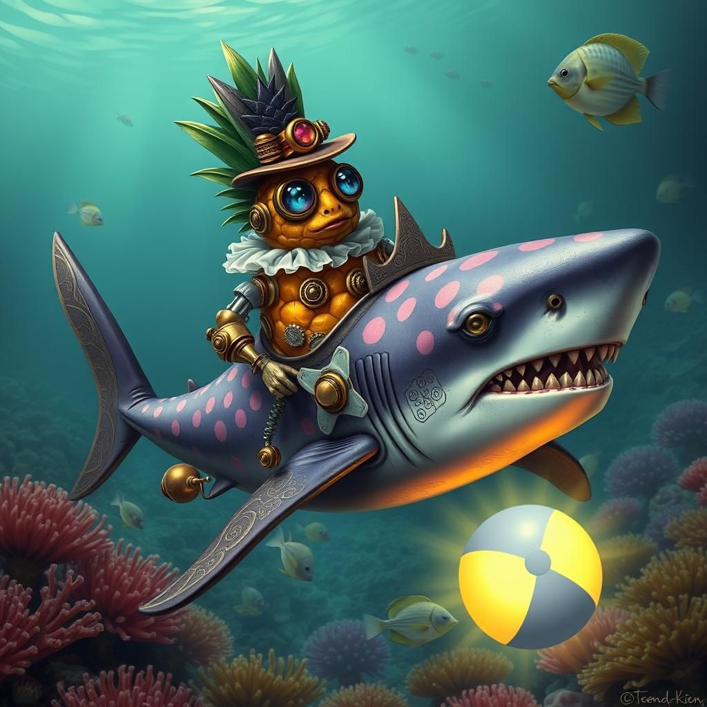 Steampunk Pineapple Rides Shark Through Coral Reef