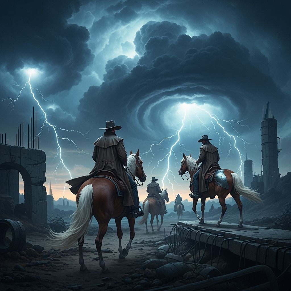 Dystopian Western: Cowboys Ride Through Stormy Landscape