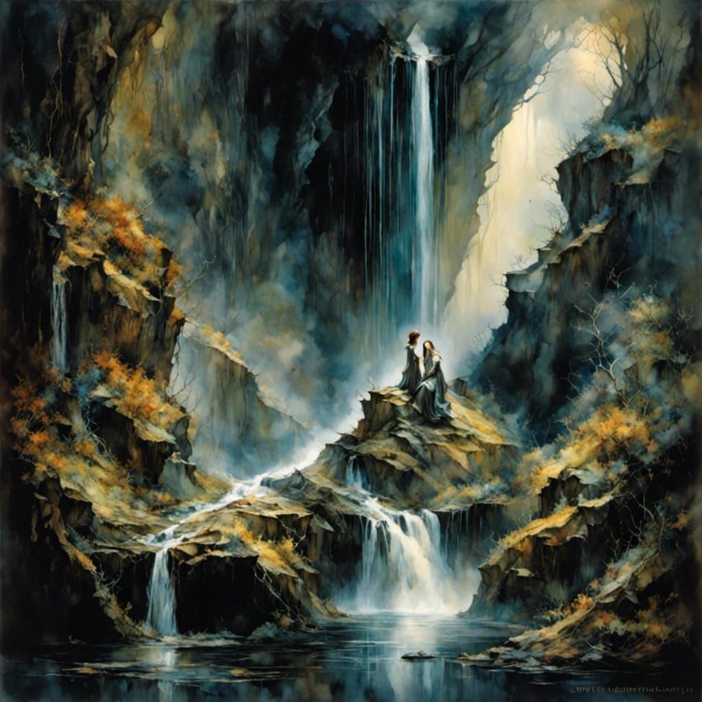 Beauty Under the Waterfall: Froud-Inspired Dark Fantasy