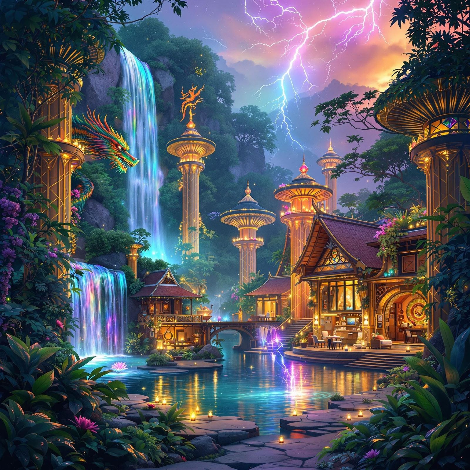 Vibrant Balinese Village Scene with Rainbow Dragon and Water...