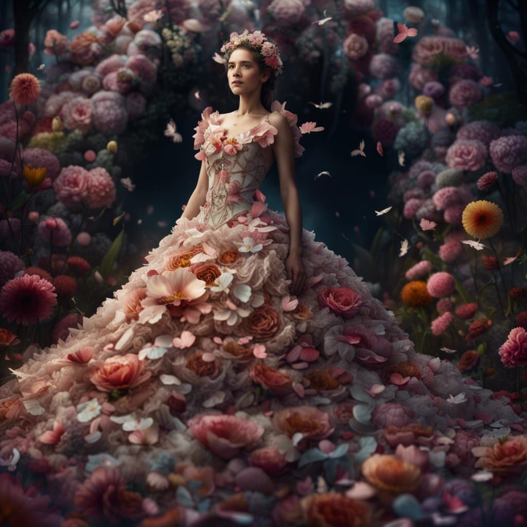 Fairy in Petal Dress Among Flowers