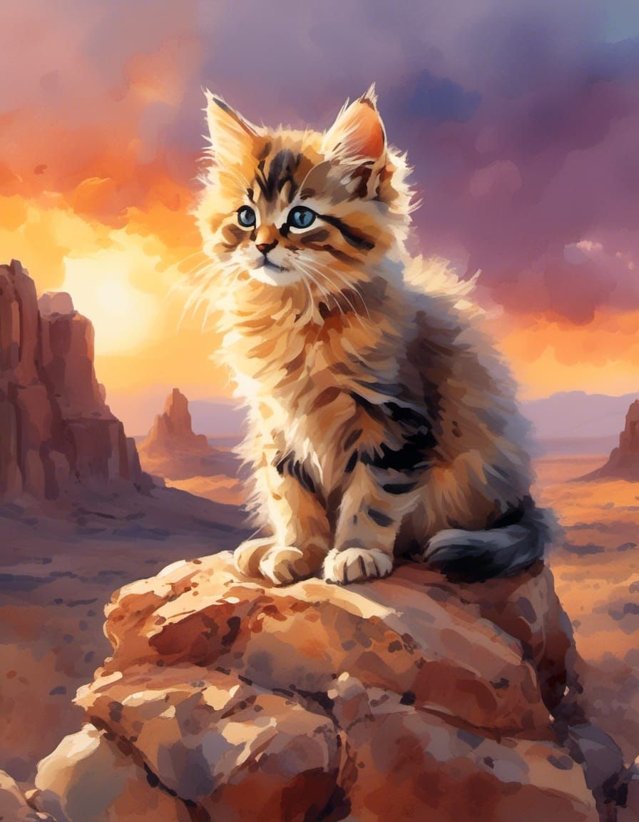 Grumpy Kitten in Watercolor Desert Sunset