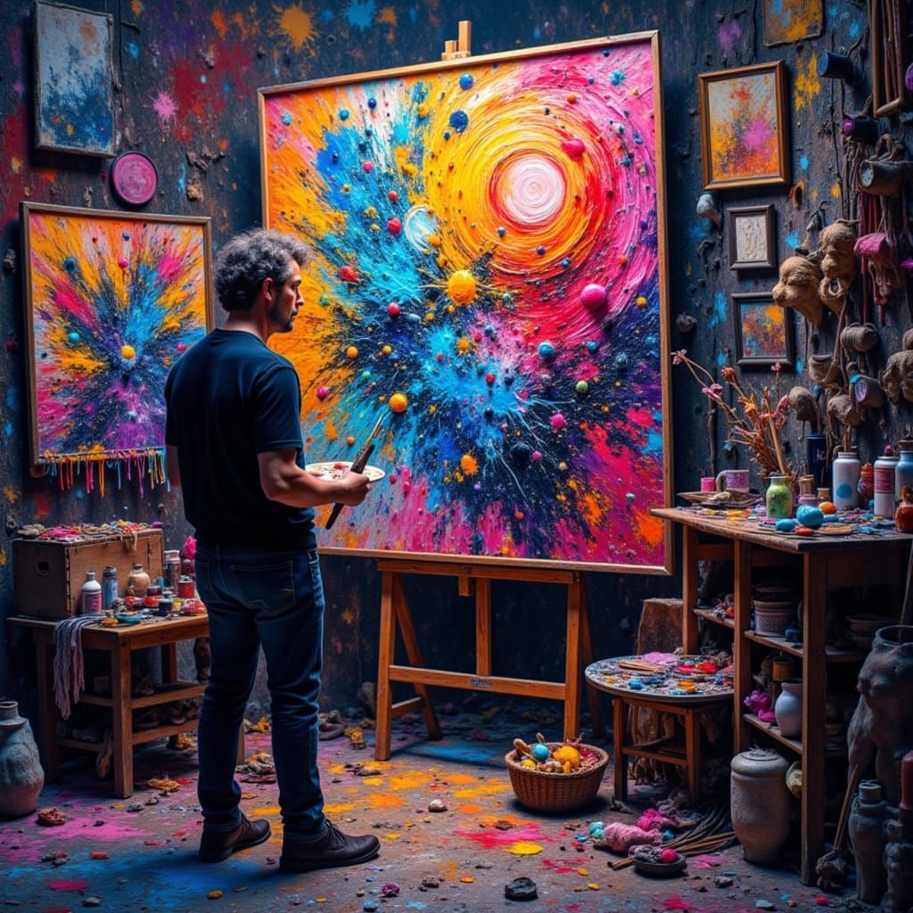 Abstract Painter in Studio with Cubist Influences