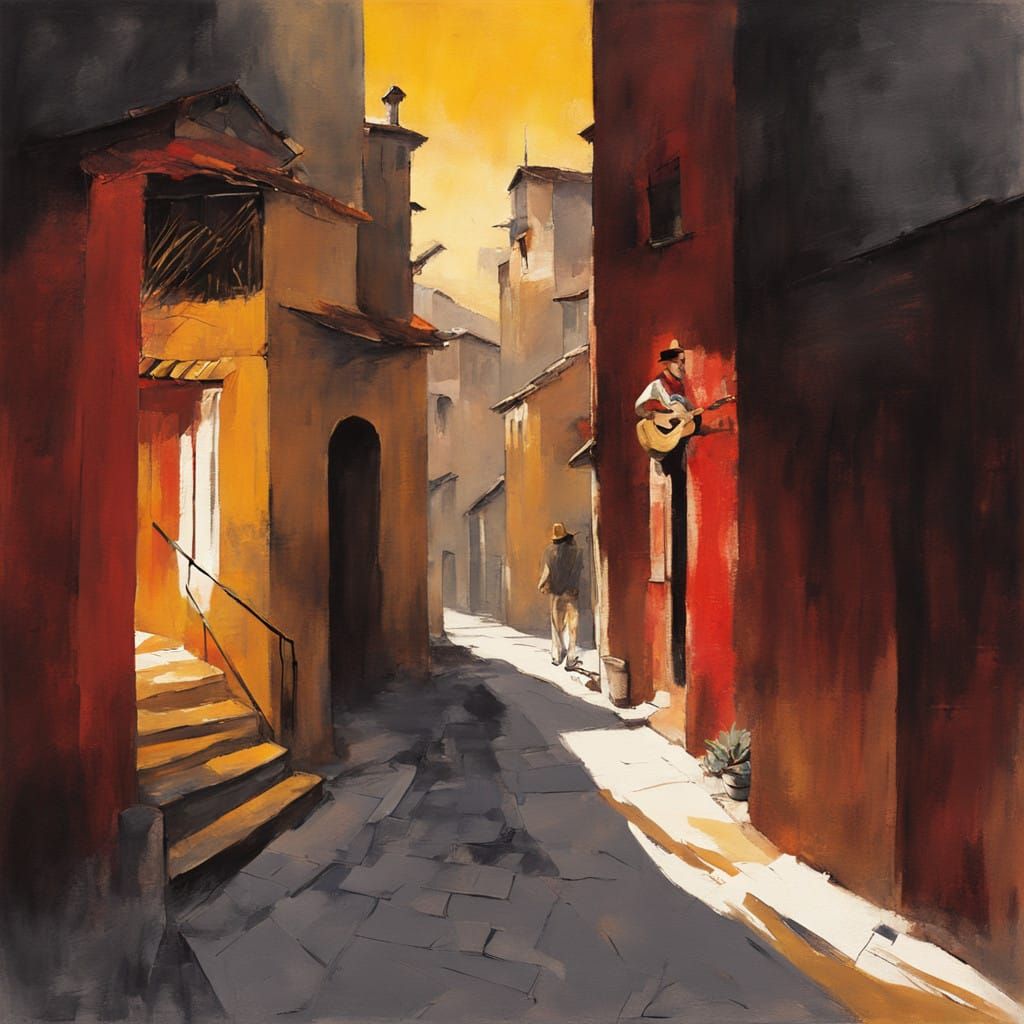 Rustic Jazz Alley Scene in Warm Red and Yellow Tones