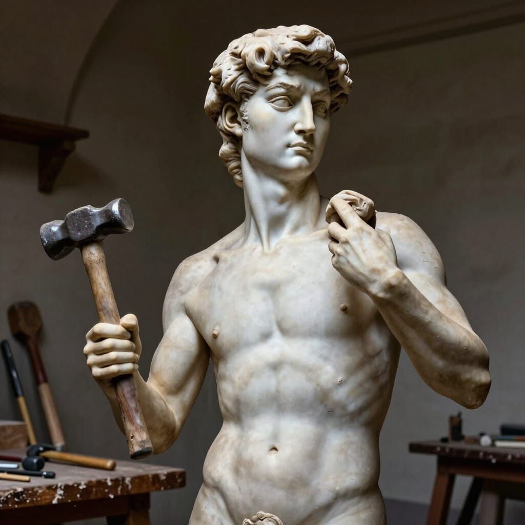 David Statue Smiling With Hammer and Chisel in Renaissance W...