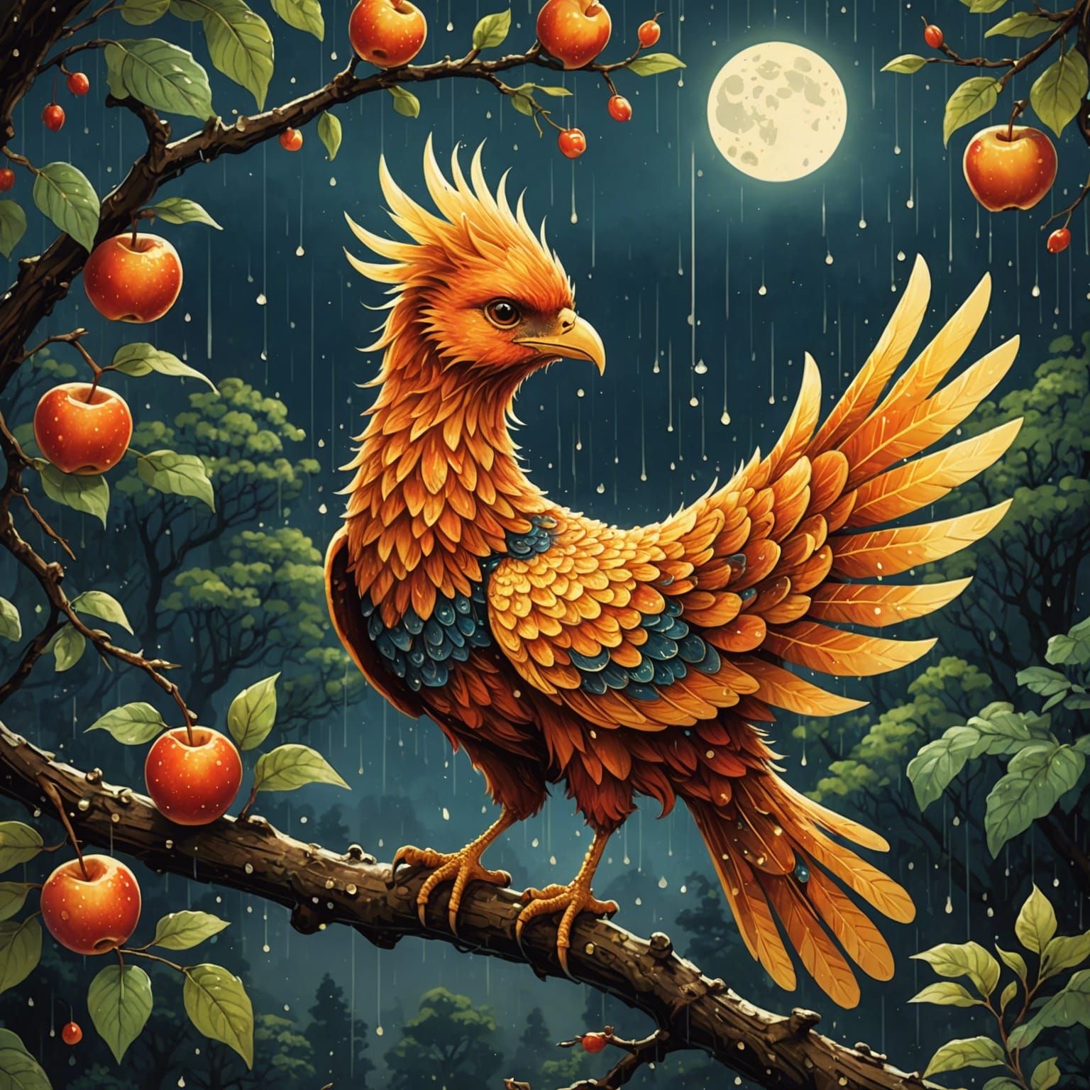 Cute Phoenix Eating Apple in Astral Forest