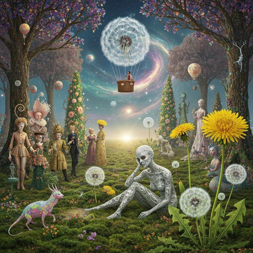 Ethereal Dandelion Hot Air Balloon in Dreamy Landscape