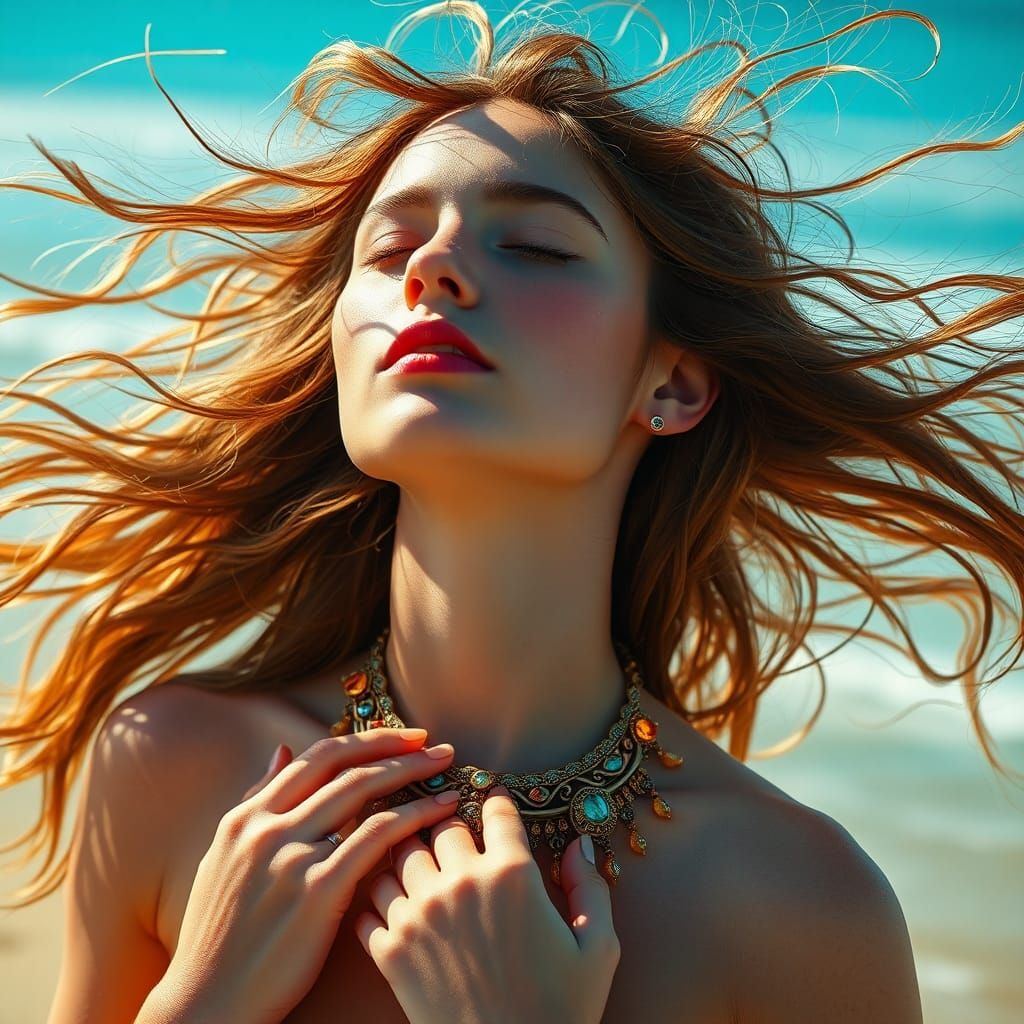 Woman's Serene Beach Transformation with Necklace