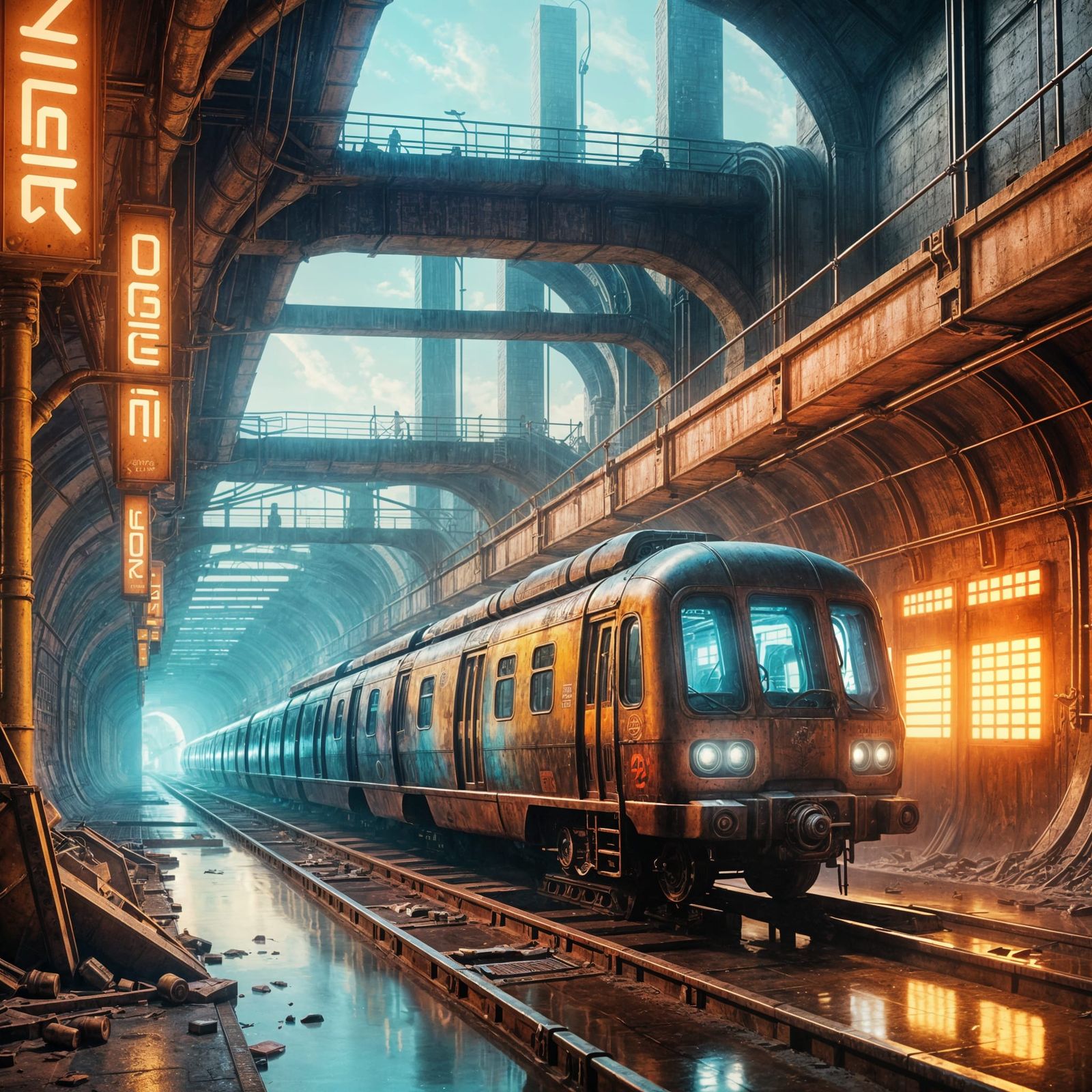 Cyberpunk Steampunk Underground Art in Metallic Graffiti Sty...