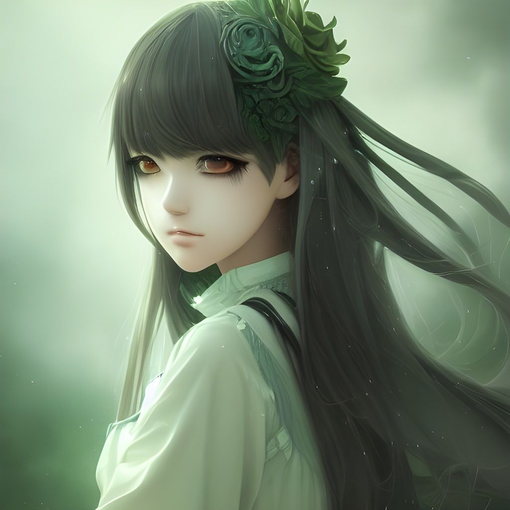 Anime Schoolgirl in Green Dress, Digital Illustration