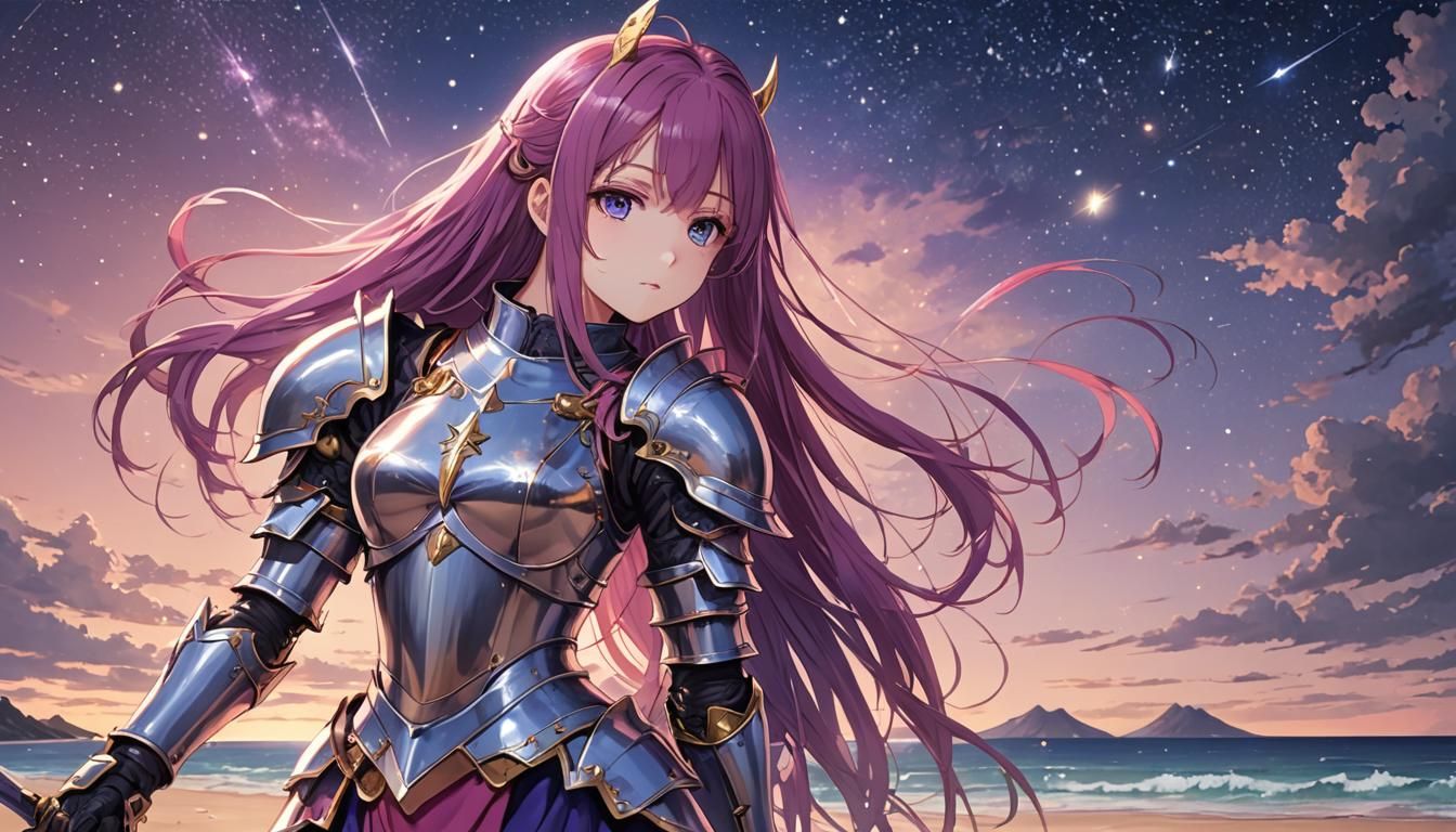 Anime Knight with Long Hair on Starry Beach