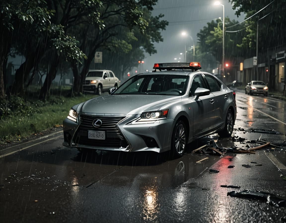 Dramatic Car Accident Scene with Deer: Cinematic Still