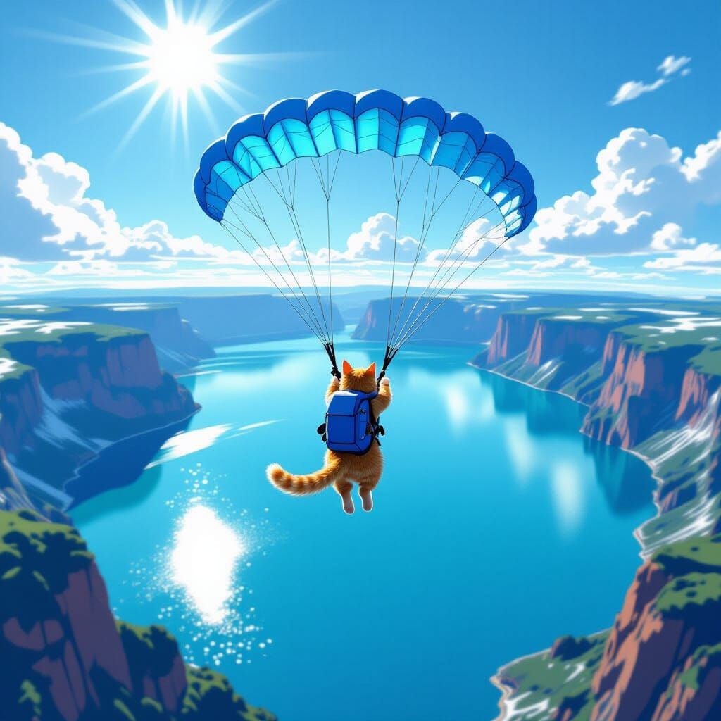 Ginger Cat Skydiving Over Crater Lake in Vibrant Digital Sty...