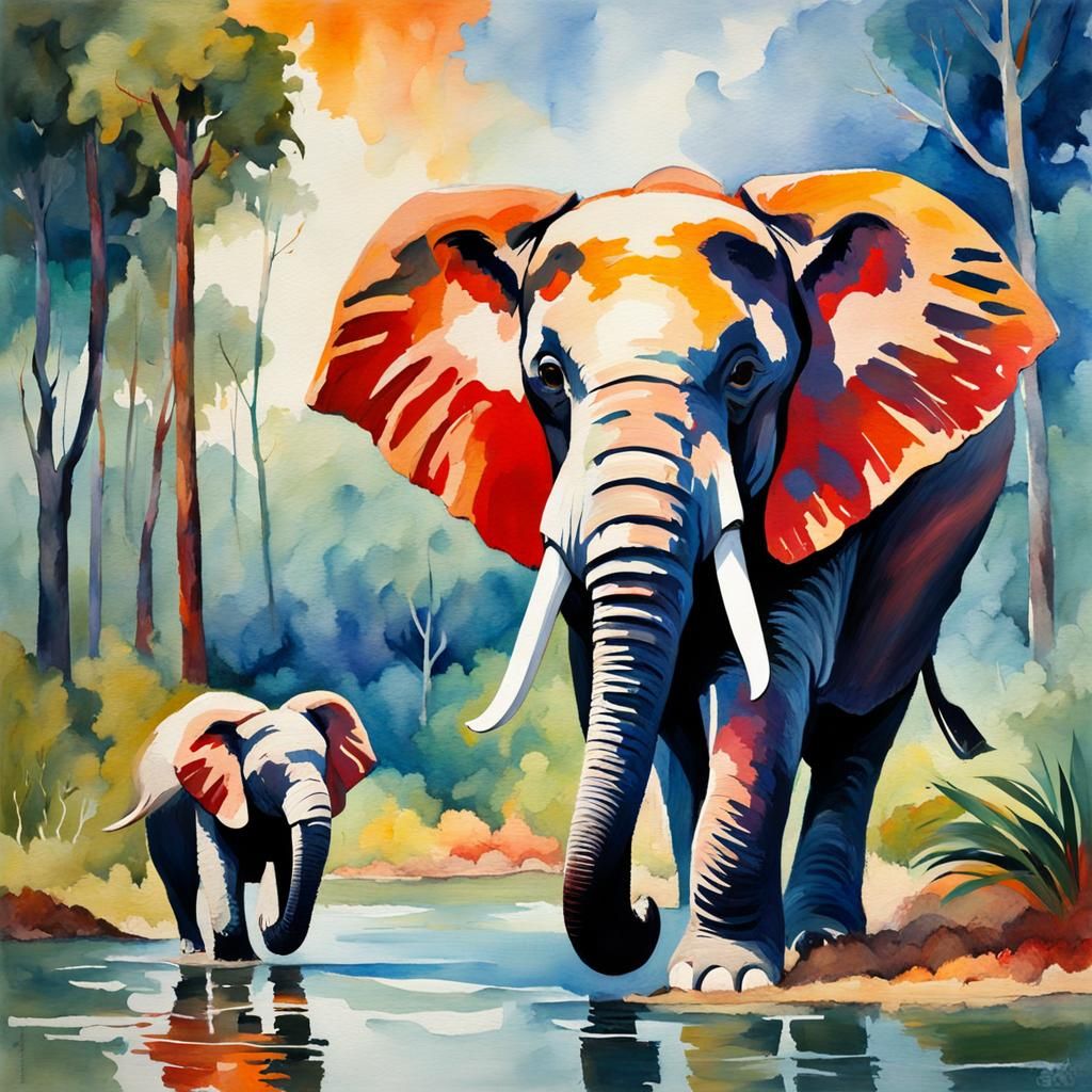 Elephant and Mouse Gouache Impressionist Painting