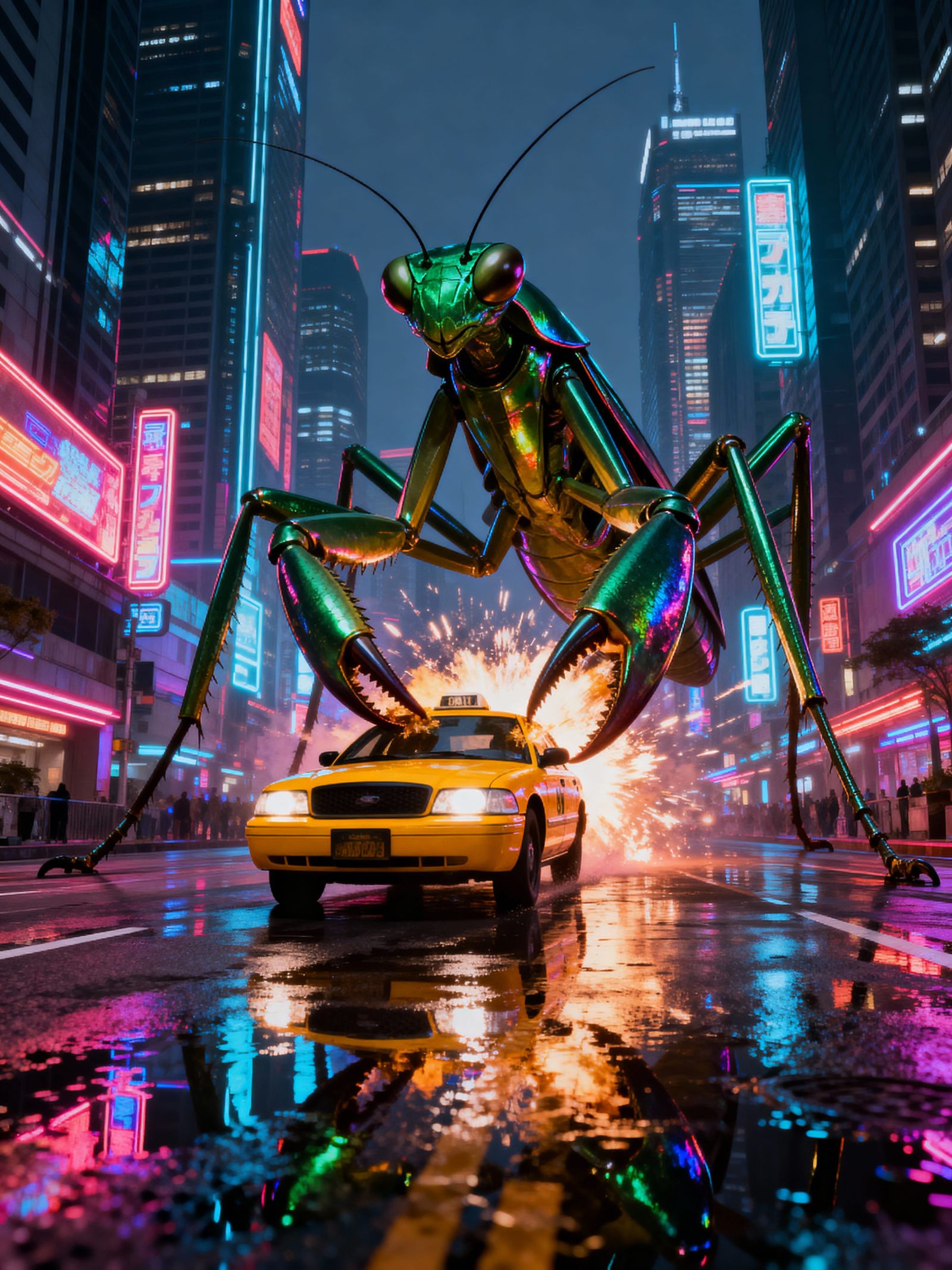 Giant Chrome Mantis Attacks Yellow Cab in Neon City