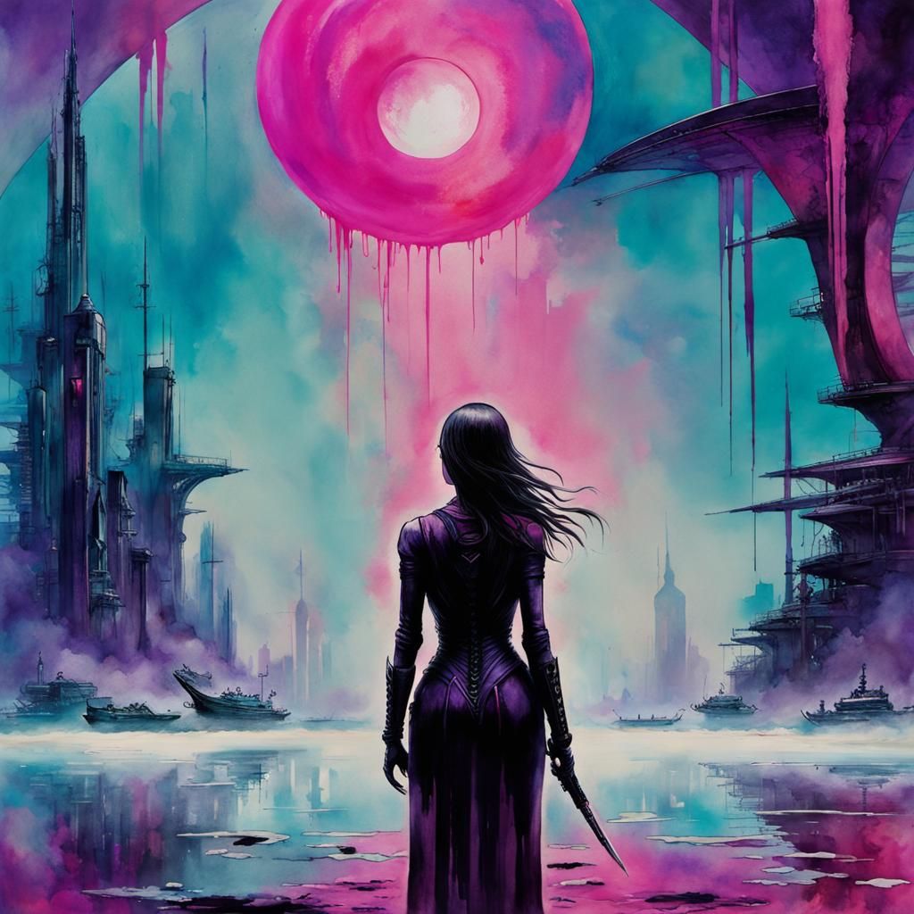 Cyberpunk Cityscape with Crimson and Purple Accents