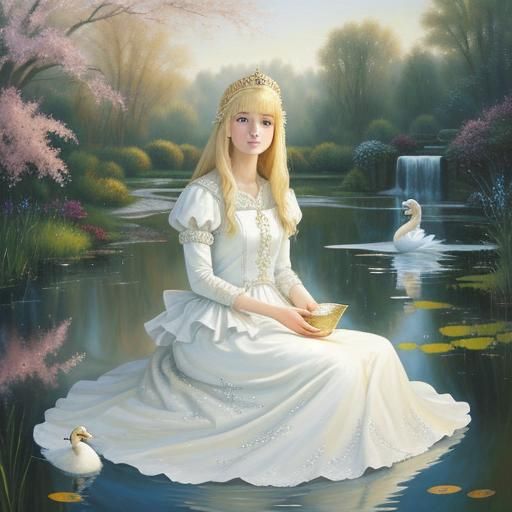 Blonde Princess and Swan: Oil Painting