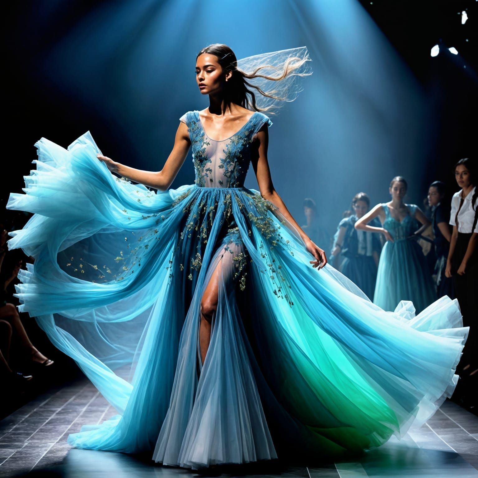 Colombian Model in Tulle Gown on Runway